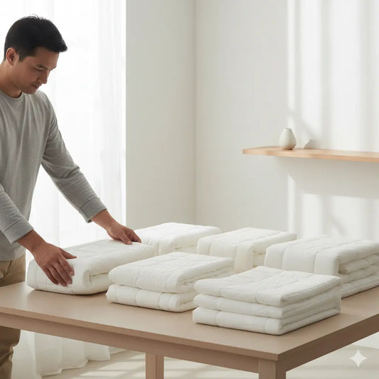 Homme qui compare des housses 