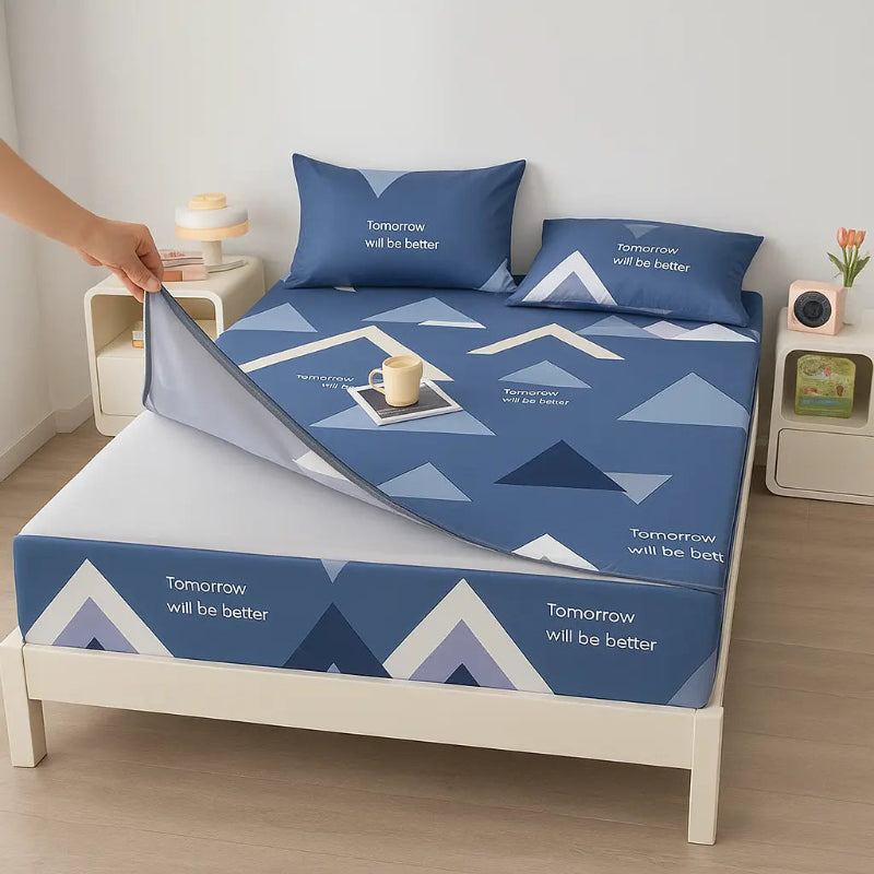 Protège matelas anti-acarien géométrique bleu devant