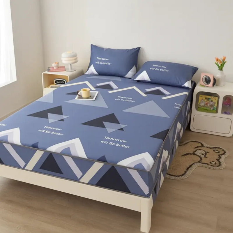 Protège matelas anti-acarien géométrique bleu zoom detail