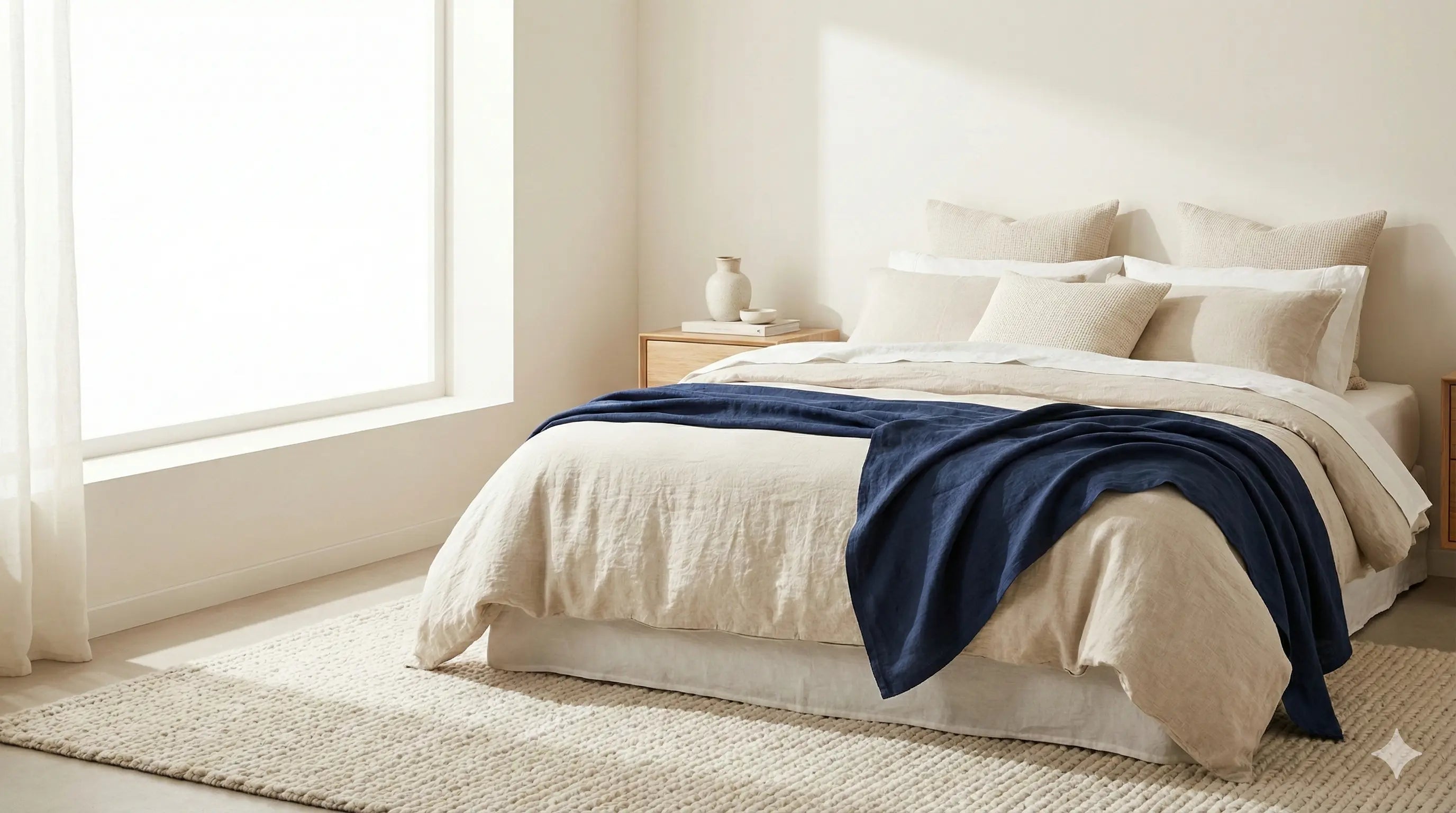 lit beige avec rapelle bleu